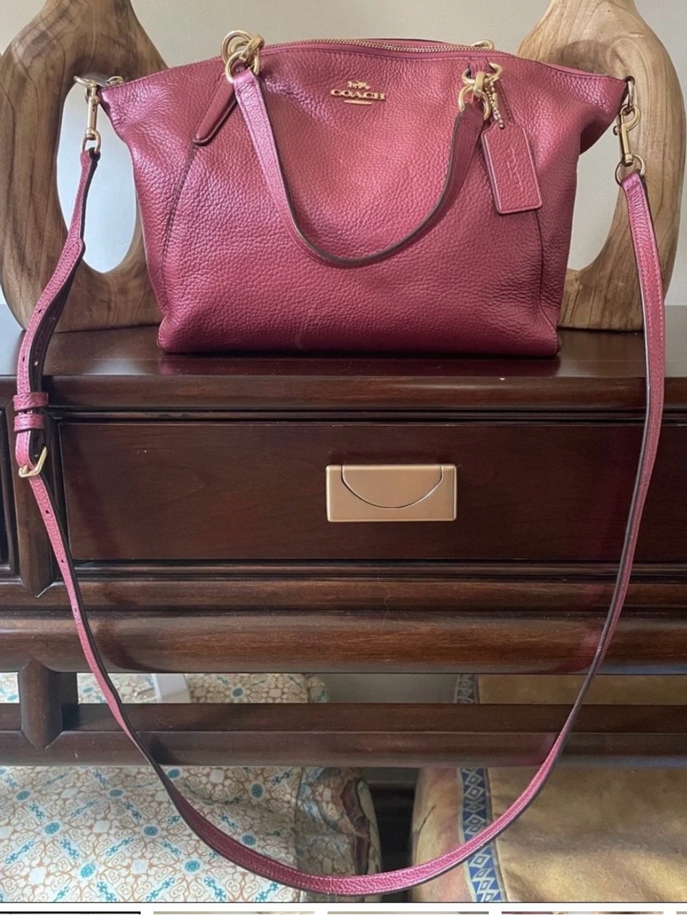 Coach Kelsey Metallic Pebbled Leather Shoulder Crossbody Rose Burgundy Gold Bag